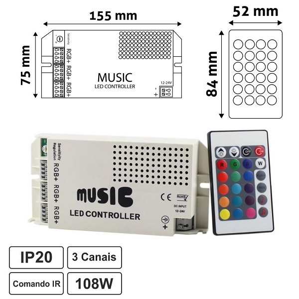 CONTROLADOR RGB 3 CANAIS 12-24VDC 9A P/ FITA LEDS