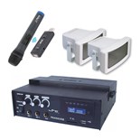 KIT AMPLIFICADOR 230V/12VDC + 2 CORNETAS + MICROFONE